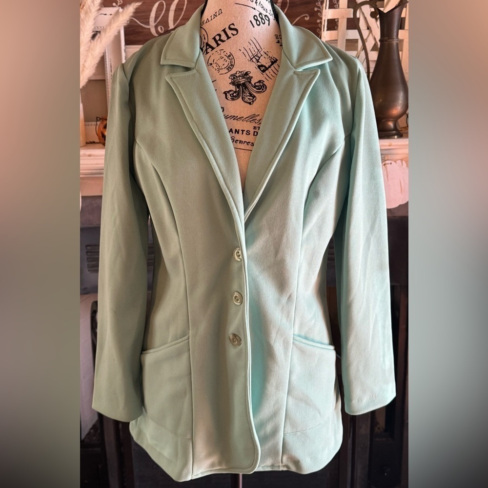 Vintage Mint Green Polyester Blazer Suit Jacket Women’s Small Medium Business